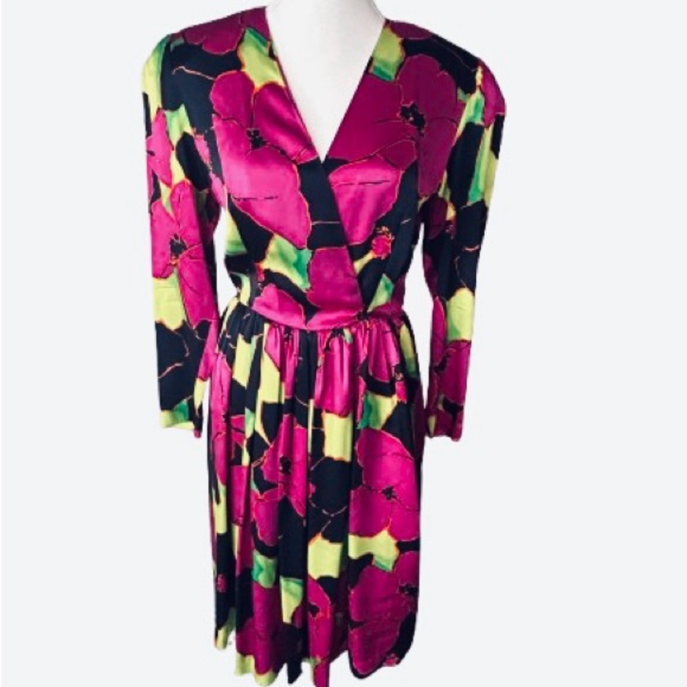 Vintage 100% Silk DELLA ROUFOGALI Floral Long Sleeved Dress Designer Medium Midi